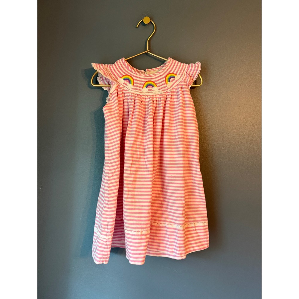 Lil Cactus Girls Pink Striped Rainbow Smocked Flutter Sleeve Dress 2T